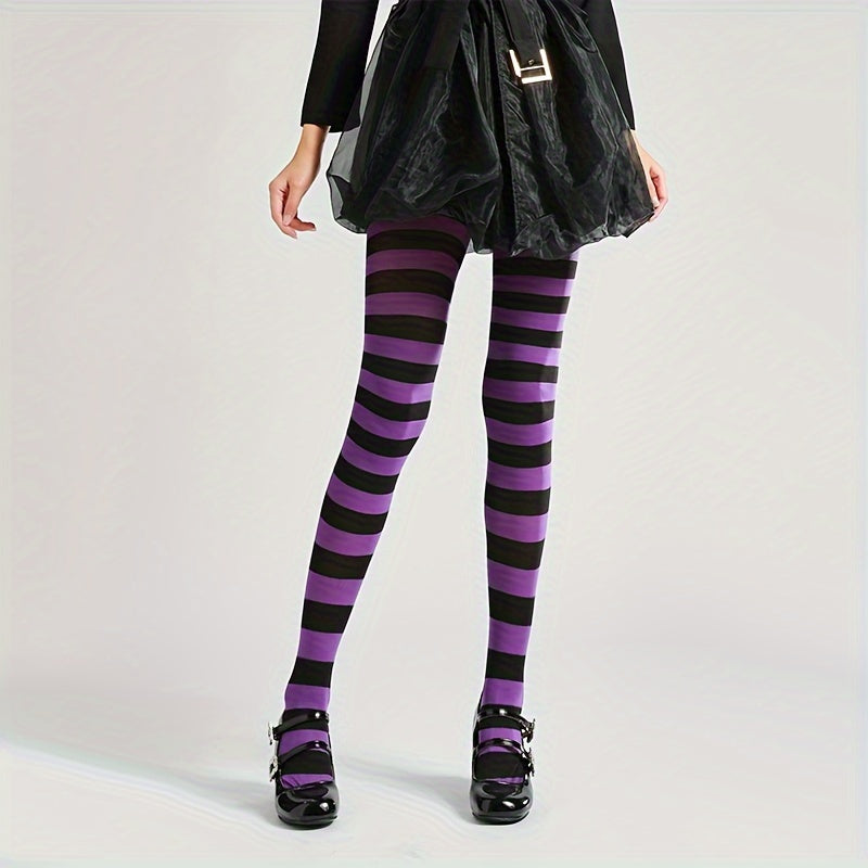 Purple Striped Print Tights - Women's Slim Fit Halloween Party Pantyhose - Spandex Stretchy Stockings with Comfortable Fit and Soft Fabric for Ladies