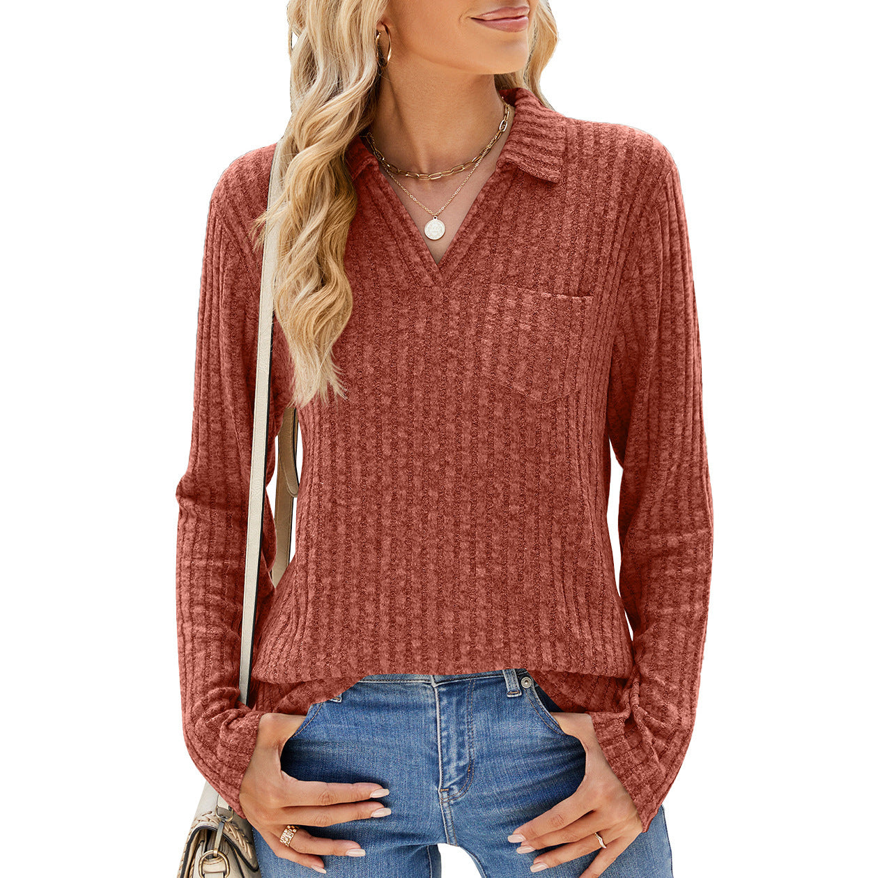 Solid Color Polo Collar Pocket Long Sleeve Loose-fitting T-shirt Top Women-Aria Doejay