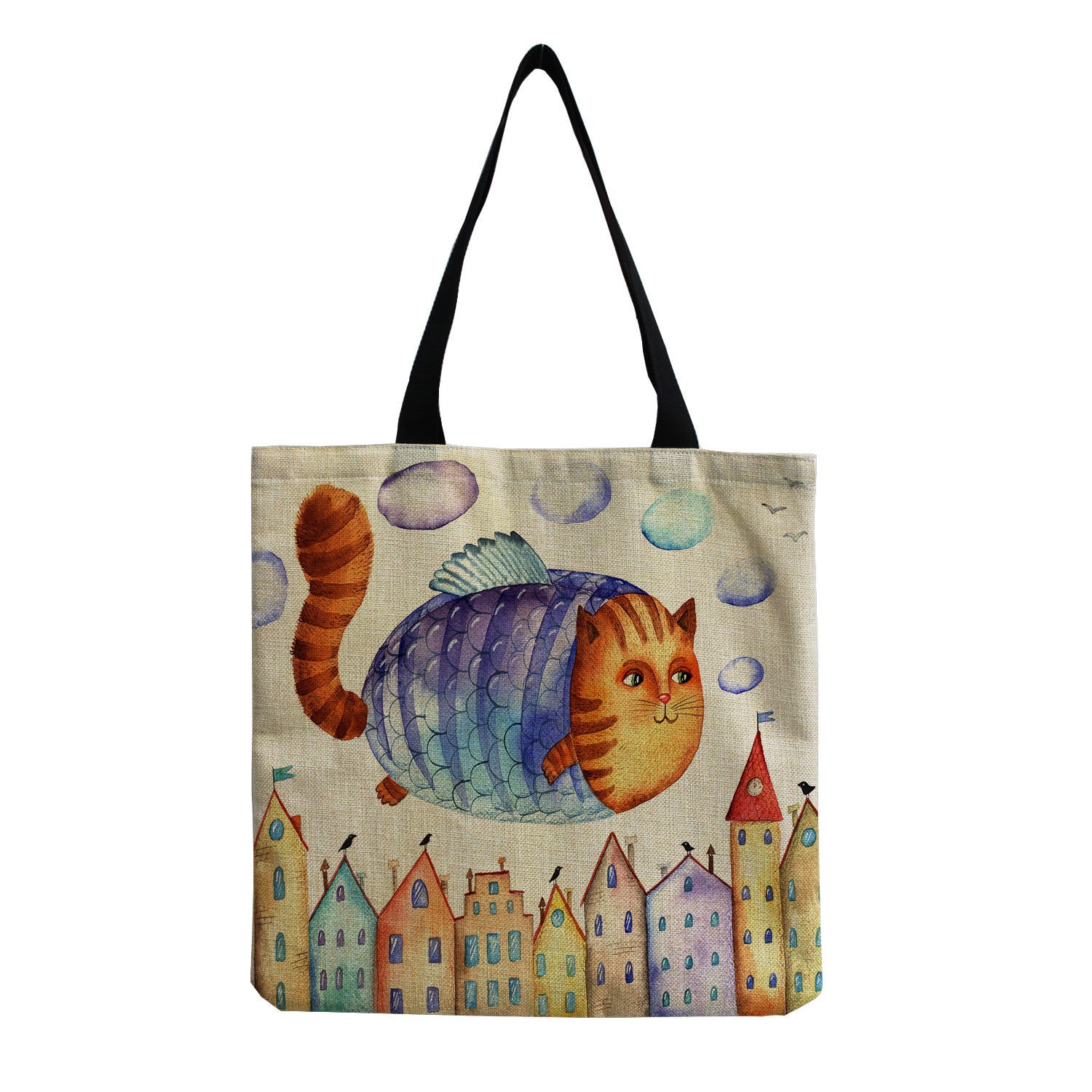 Cat Printed Cotton And Linen Shopping Bag