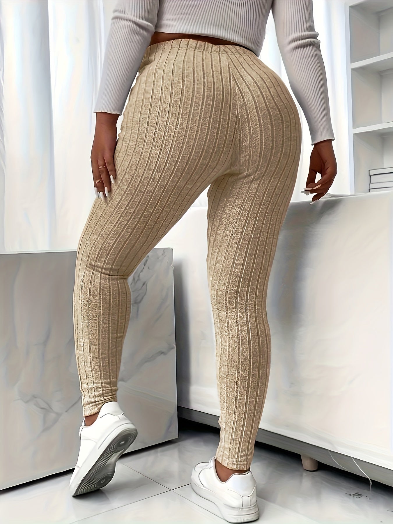 Plus Size Solid Ribbed Knit Leggings, Casual High Waist Leggings For Fall & Winter, Women's Plus Size Clothing