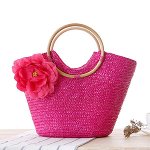 New rattan handle woven bag Flower handkerchief straw bag beach bag