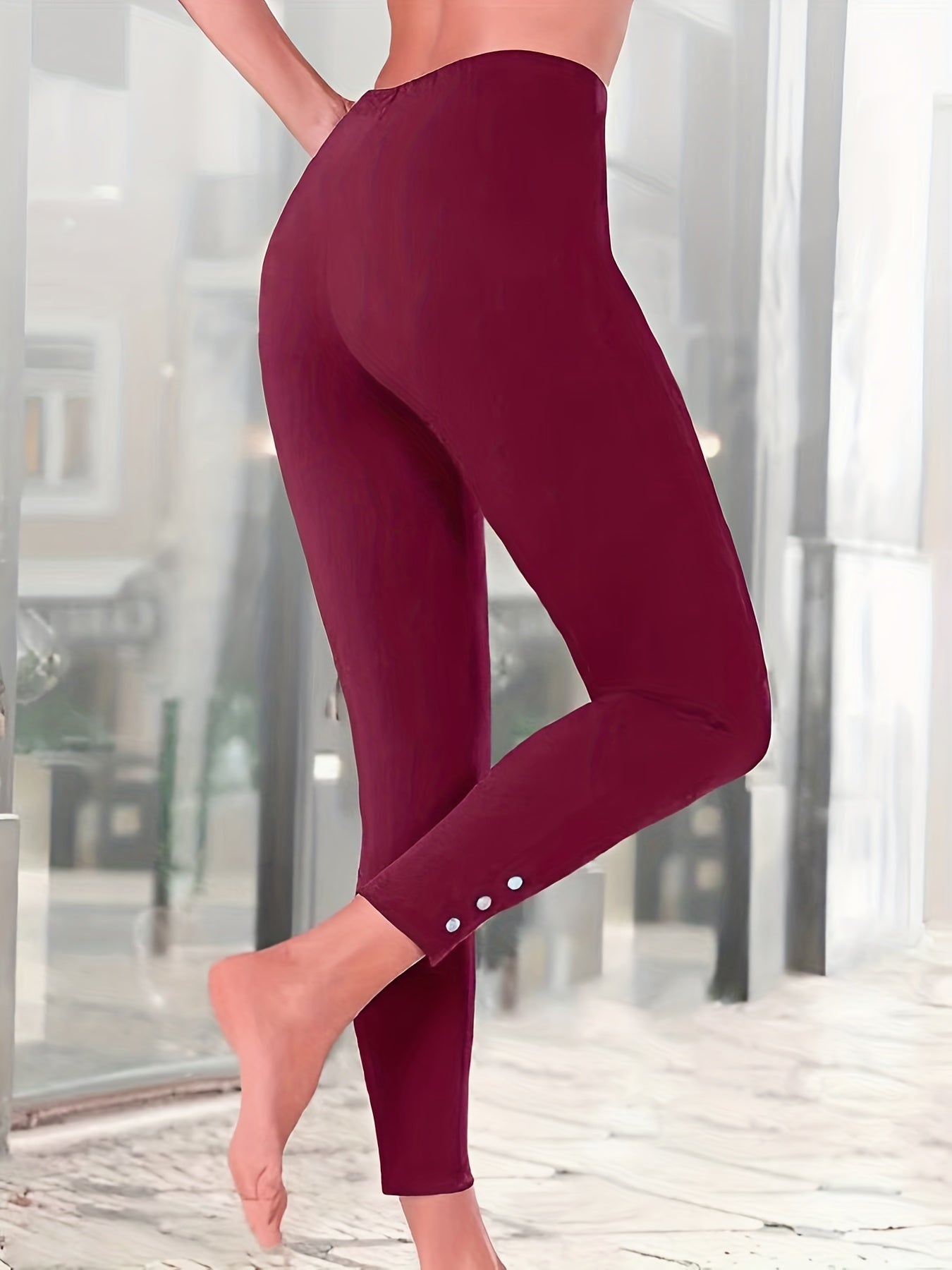 Plus Size High Rise Leggings - Relaxed Casual Style, Solid Vibrant Color, Elegant Faux Pearl Decoration, Medium Stretch, Fitness Leggings for Active Lifestyle, Designed for Curvy Women, Comfortable and Chic