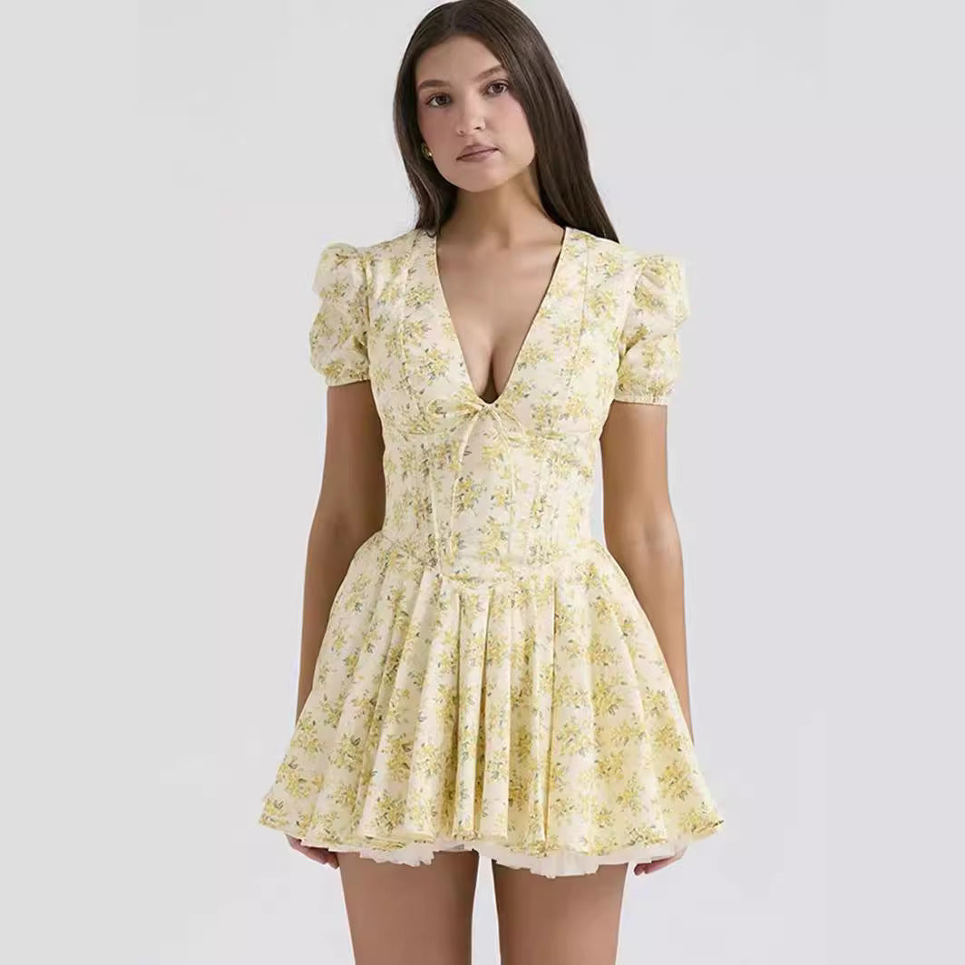 V-neck Puff Sleeve Dress Yellow Flowers Print French Style Sweet Pleated Dresses Womens Clothing-Aria Doejay