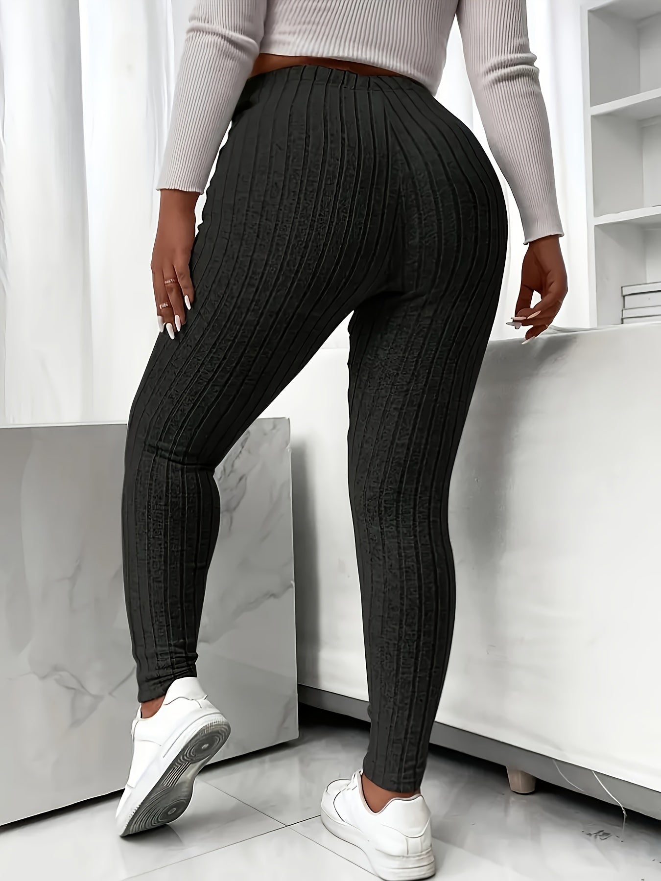 Plus Size Solid Ribbed Knit Leggings, Casual High Waist Leggings For Fall & Winter, Women's Plus Size Clothing