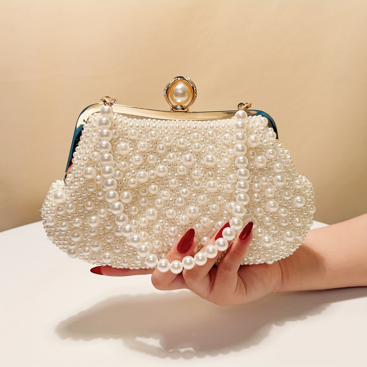 Vintage Pearl-Embellished Evening Clutch with Removable Strap, Solid White Fabric, Buckle Closure, Lightweight, Polyester Lining, Handcrafted in Guangzhou