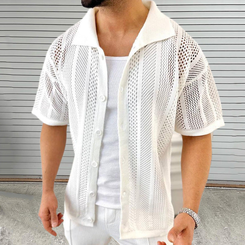 Men's Thin Sweater Lapel Short Sleeve Hollow Cardigan-Aria Doejay