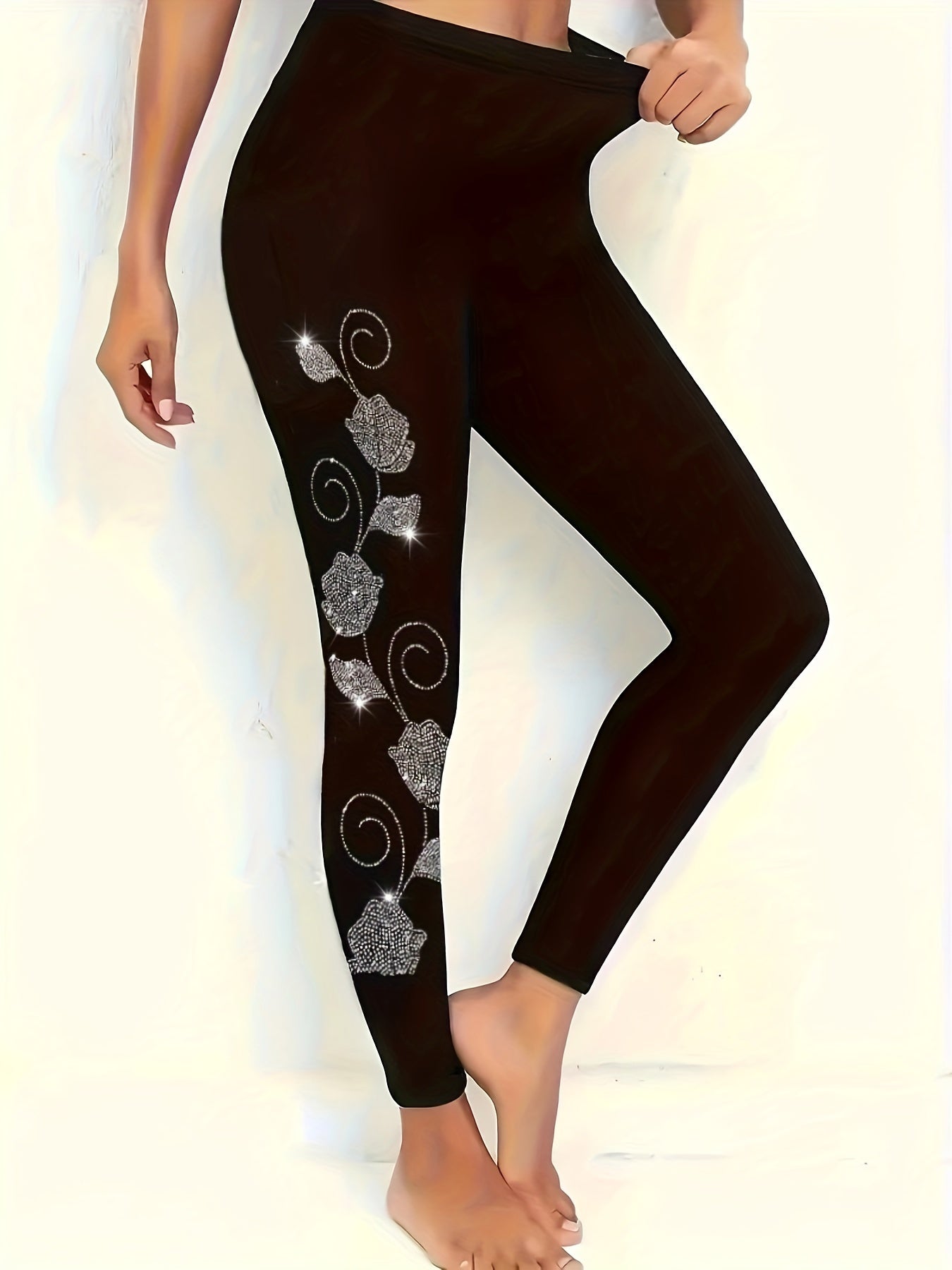 Stylish High Waist Plus Size Rhinestone Floral Pattern Leggings, Stretchy Women's Leggings for Curvy Figures