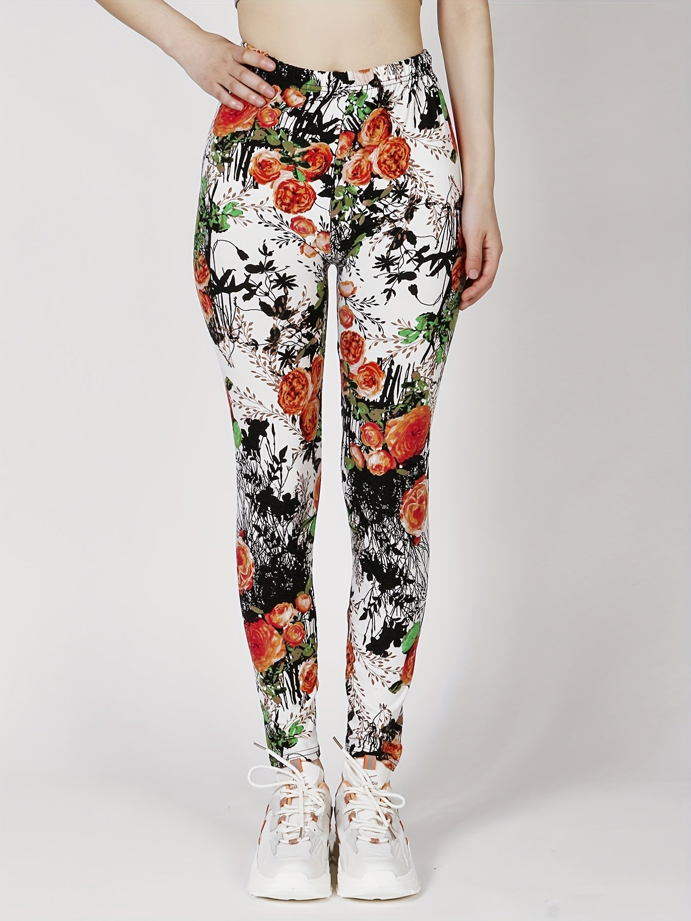 Casual Every Day Skinny Leggings, Floral Print Stretchy Women's Clothing