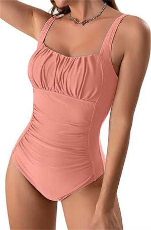 Sexy Square Neck One-piece Bikini Summer New Solid Color Pleated Design Swimsuit Beach Vacation Womens Clothing-Aria Doejay