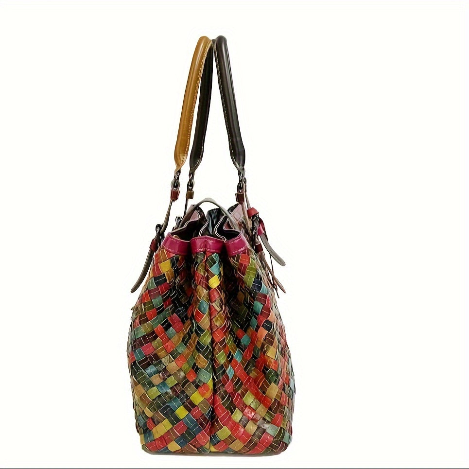 Cross-border Ladies Woven Bag, Genuine Leather Women's Bag, Cowhide Colorful Retro Casual Ethnic Style Women's One-shoulder Hand-worn Crossbody Bag