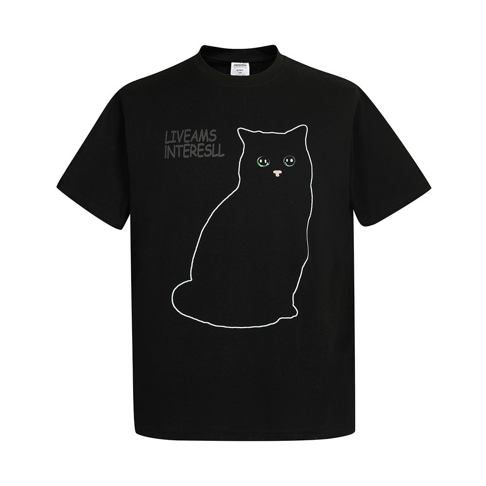 Black Cat Printed Short-sleeved T-shirt For Men-Aria Doejay