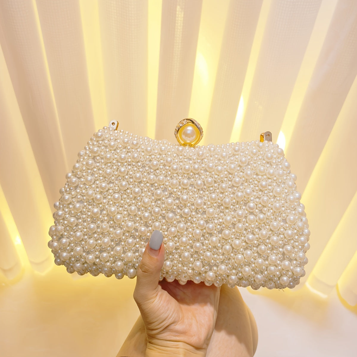 Elegant Pearl & Rhinestone Evening Clutch - Vintage-Inspired Bridal Purse with Detachable Chain Strap, Perfect for Weddings and Formal Events