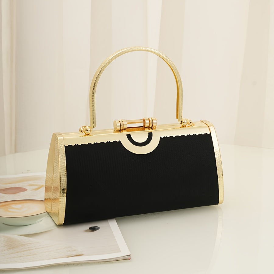 Elegant Black Clutch Evening Bag, Women's Dress Handbag With Golden Accents, PU Material Purse, Formal Dinner & Banquet Bag