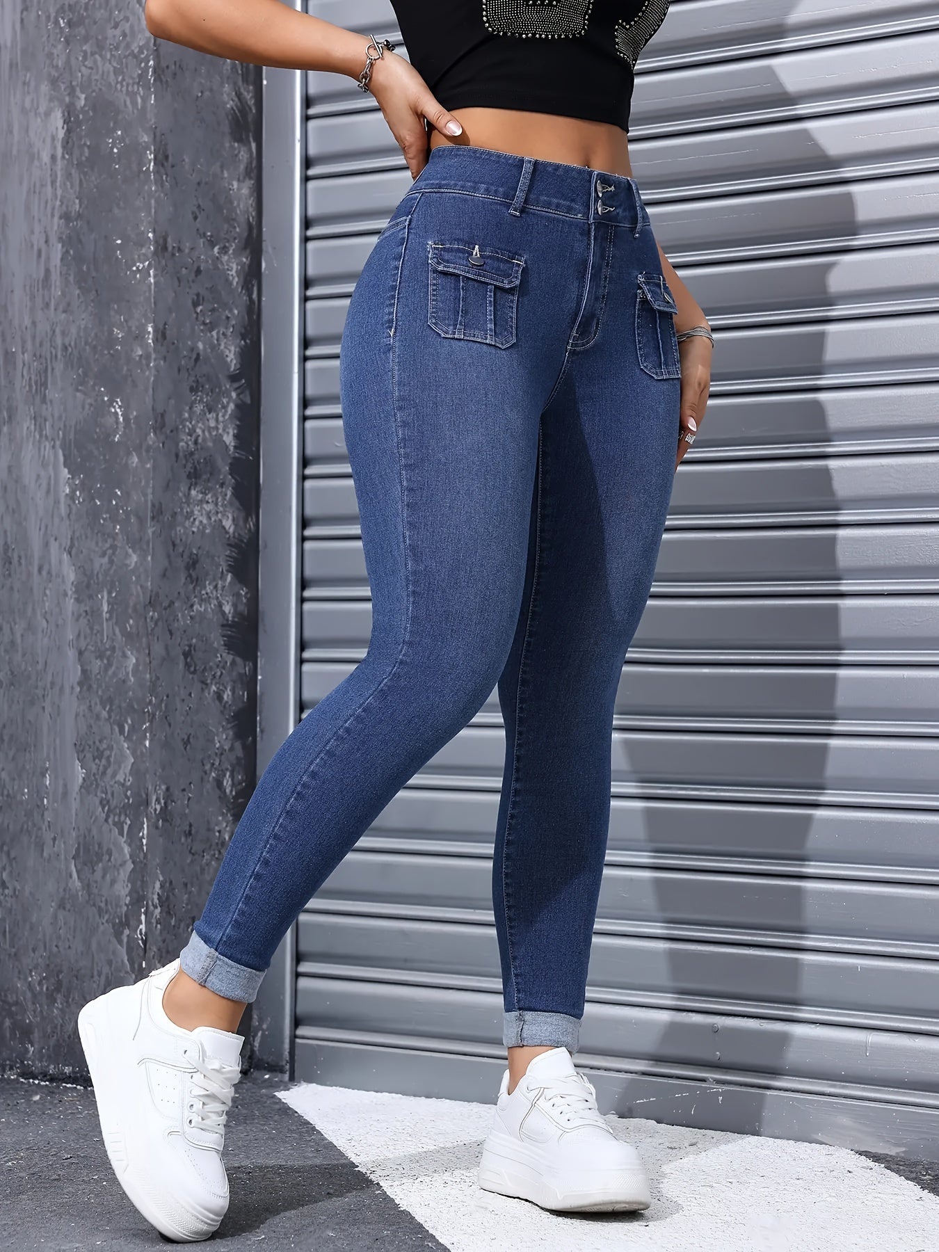 Women's High-Waisted Denim Jeans, Thickened for Fall/Winter, Stretchy Fabric, Solid Color, Multiple Pockets, Tight Fit, Woven, Fashionable College Style