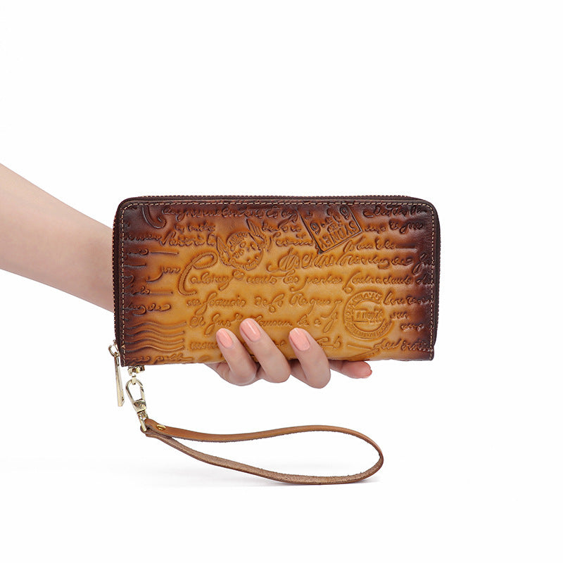 First Layer Cowhide Embossed Vintage Clutch Women's Wallet