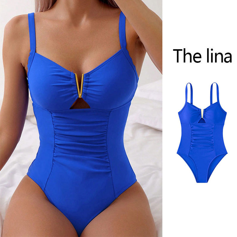 New V-neck Hollow One-piece Bikini Beach Fashion Pleated Belly Slimming Swimsuit Summer Womens Clothing-Aria Doejay