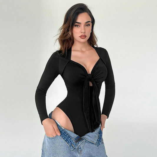 European And American Slim Fit Long-sleeved T-shirt Design Sense Niche Top Jumpsuit-Aria Doejay