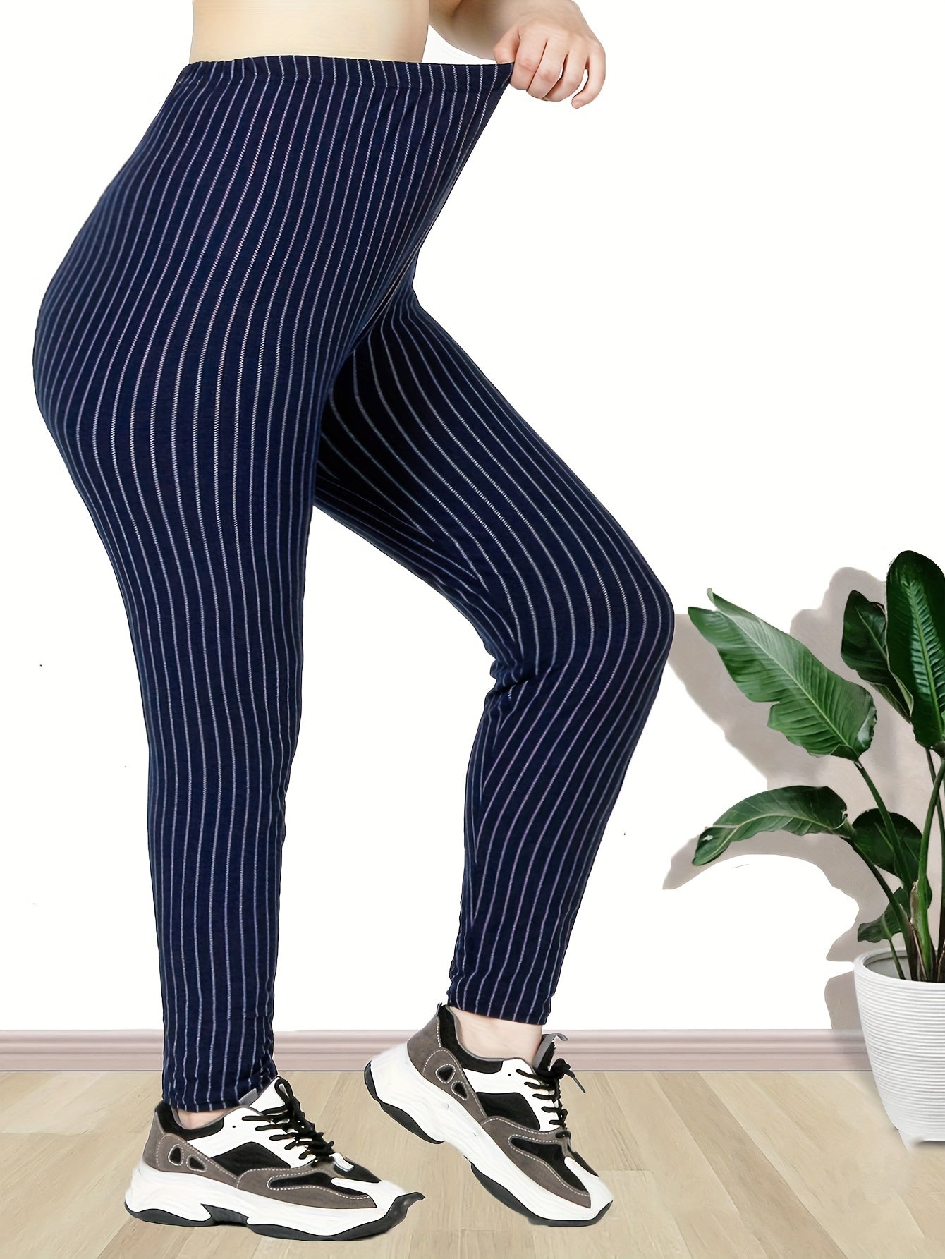 Stretchy Plus Size Stripe Print Skinny Leggings - High Waist, Casual, Everyday Wear Leggings for Women - Soft, Breathable, Comfortable, and Flattering