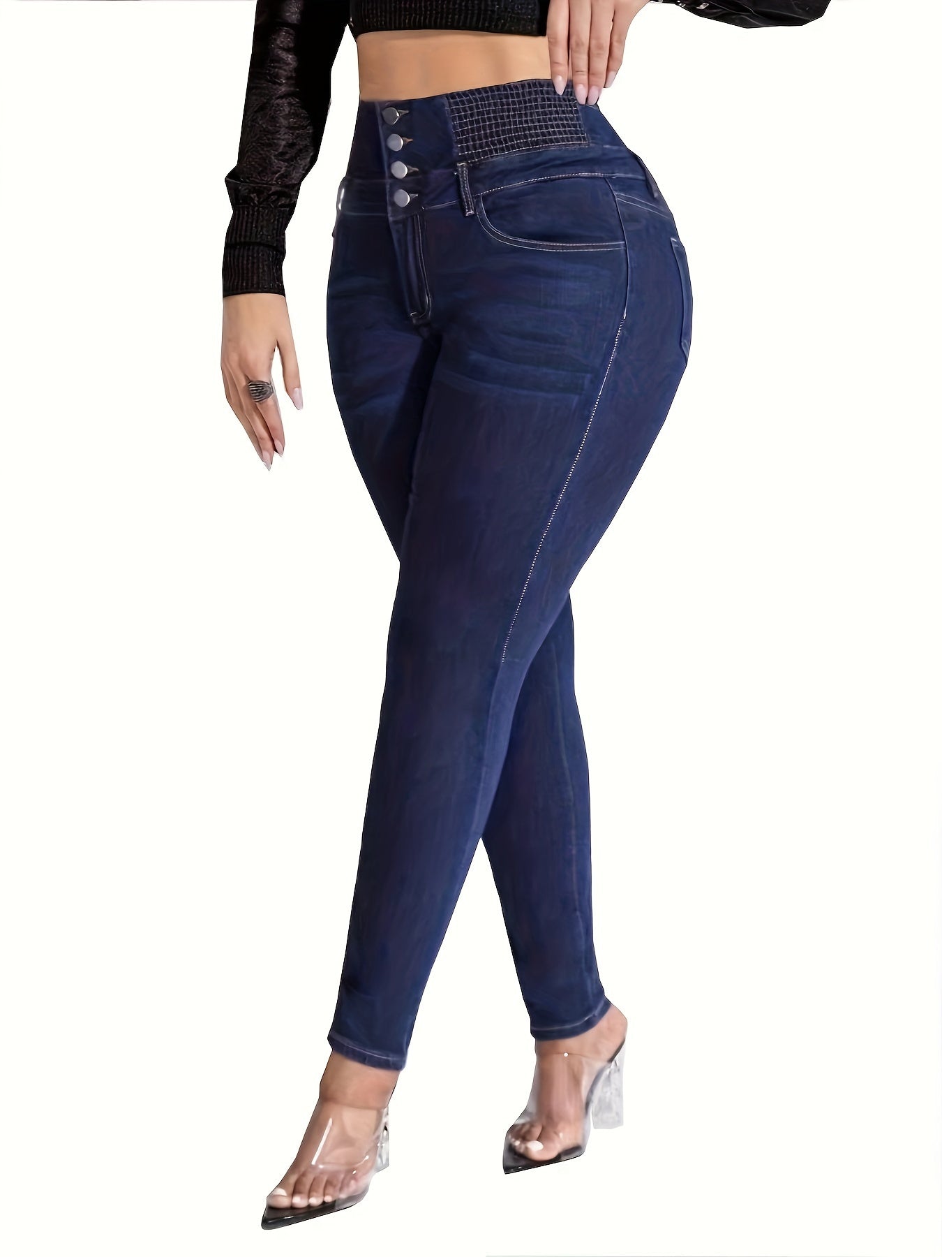 Women's High Waist High-Waisted Stretchy Jeans With Elastic Waistband, Cotton Polyester Blend, Relaxed Fit, Machine Washable