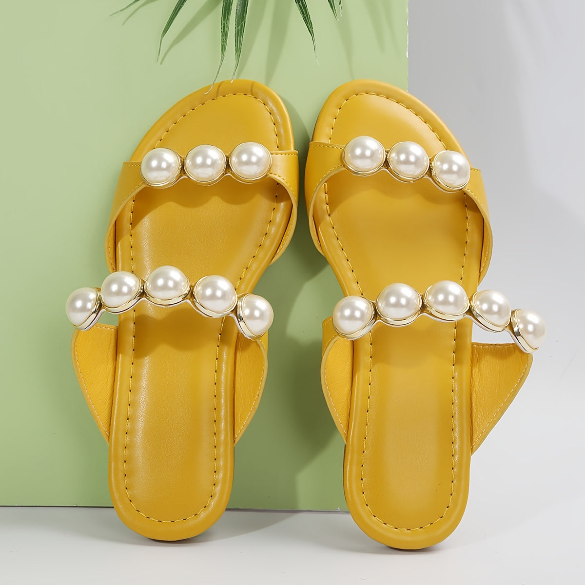 Stylish Faux Pearl Embellished Slides - Women's Casual Open Toe Slip On Summer Beach Shoes with Decorative Flat Sole - Perfect for Outdoor, Vacation, and Relaxation