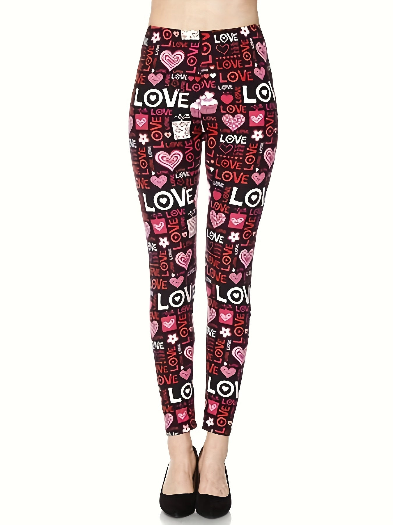 Heart & Letter Print Skinny Leggings, Casual Every Day Stretchy Leggings, Women's Clothing