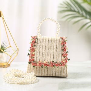 Lace Style Straw Bag With Pearl Portable Diagonal Cross Cute