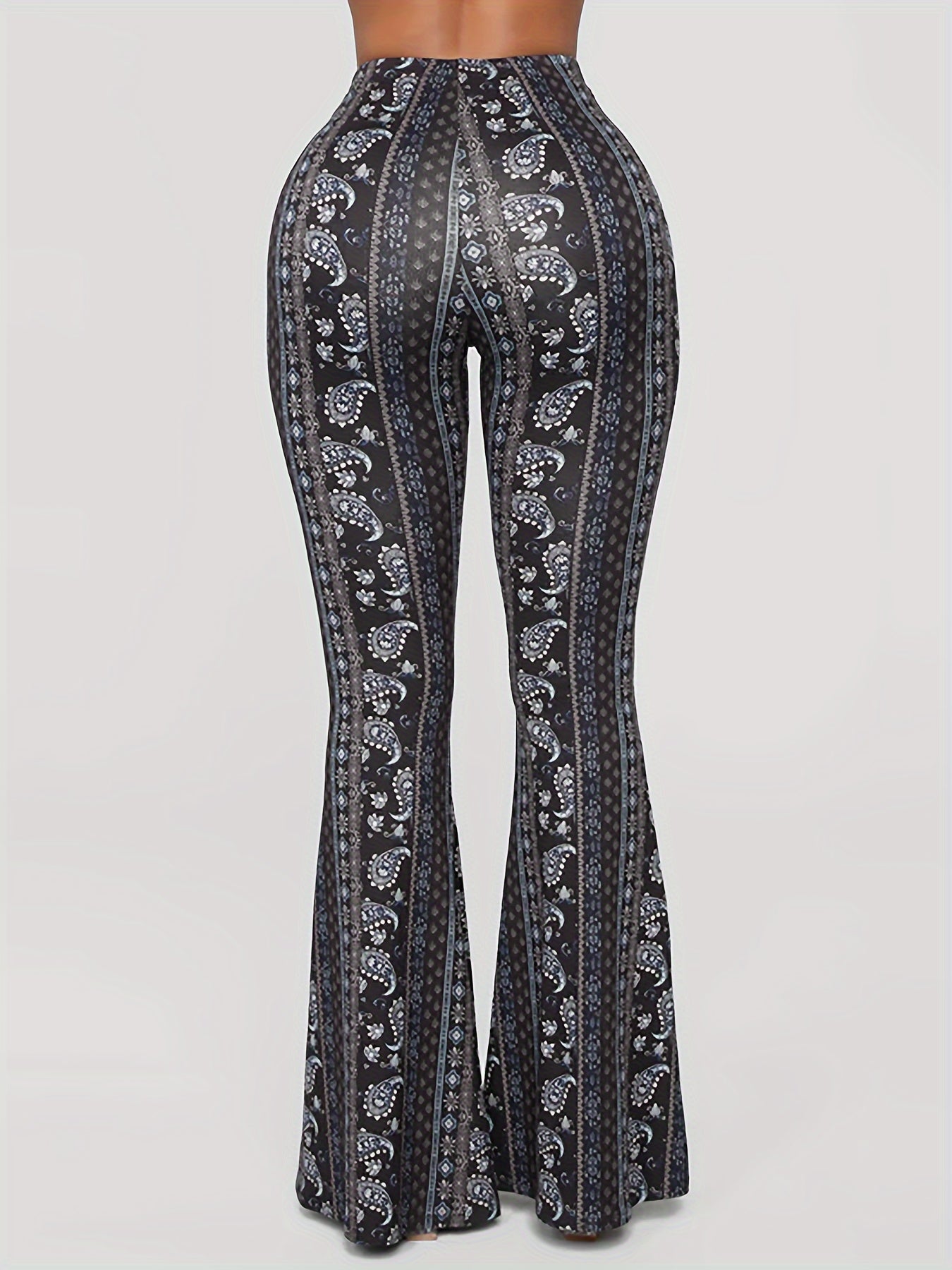 Women's High Waist Sexy Flare Pants - 100% Polyester Knitted Fabric, Paisley Print, All Season, Casual Bell Bottoms