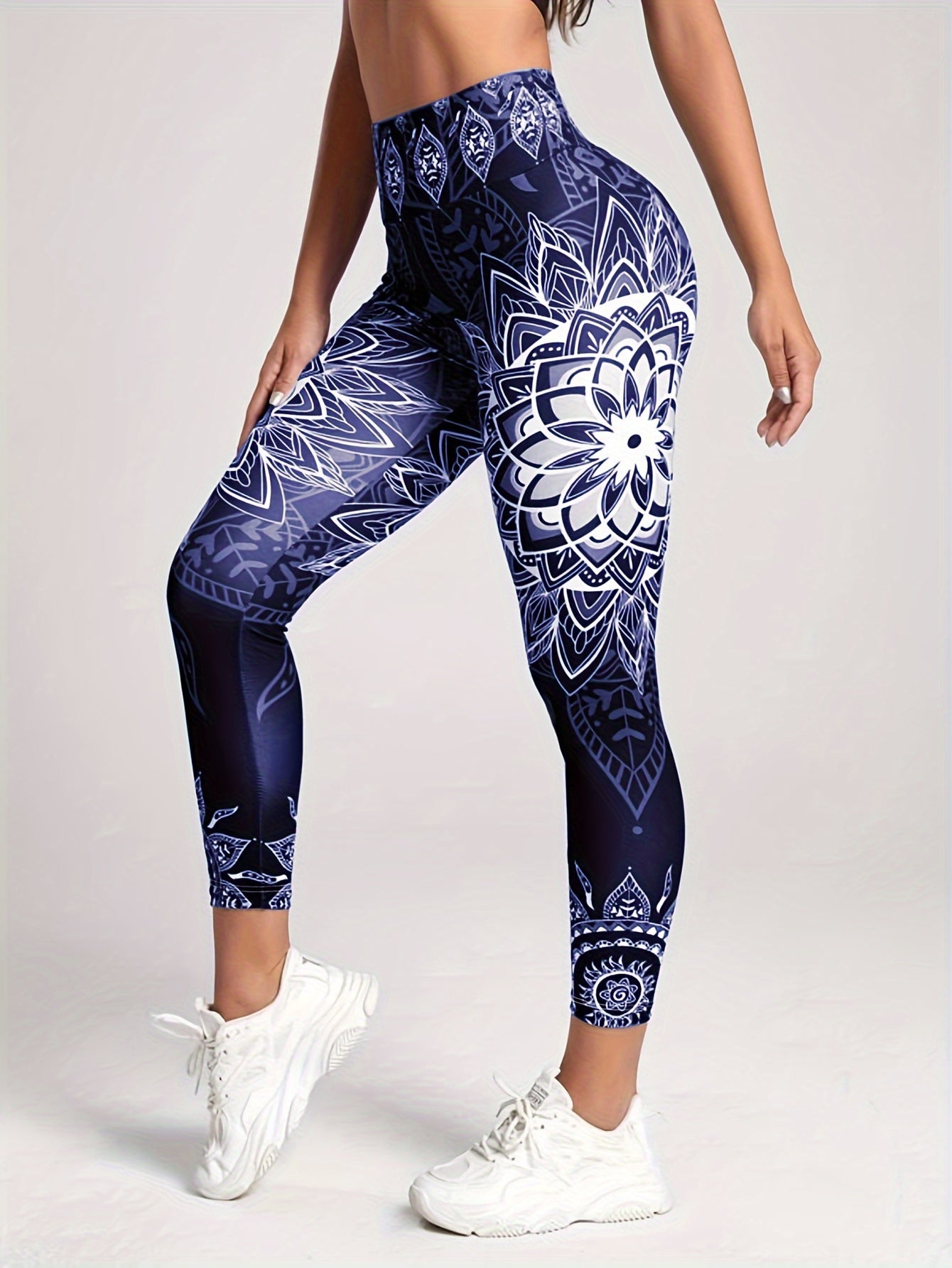 Ink Lotus Graphic Print Two-piece Set, Stylish Printed, Women's Tight-fitting Sports Fitness Leggings