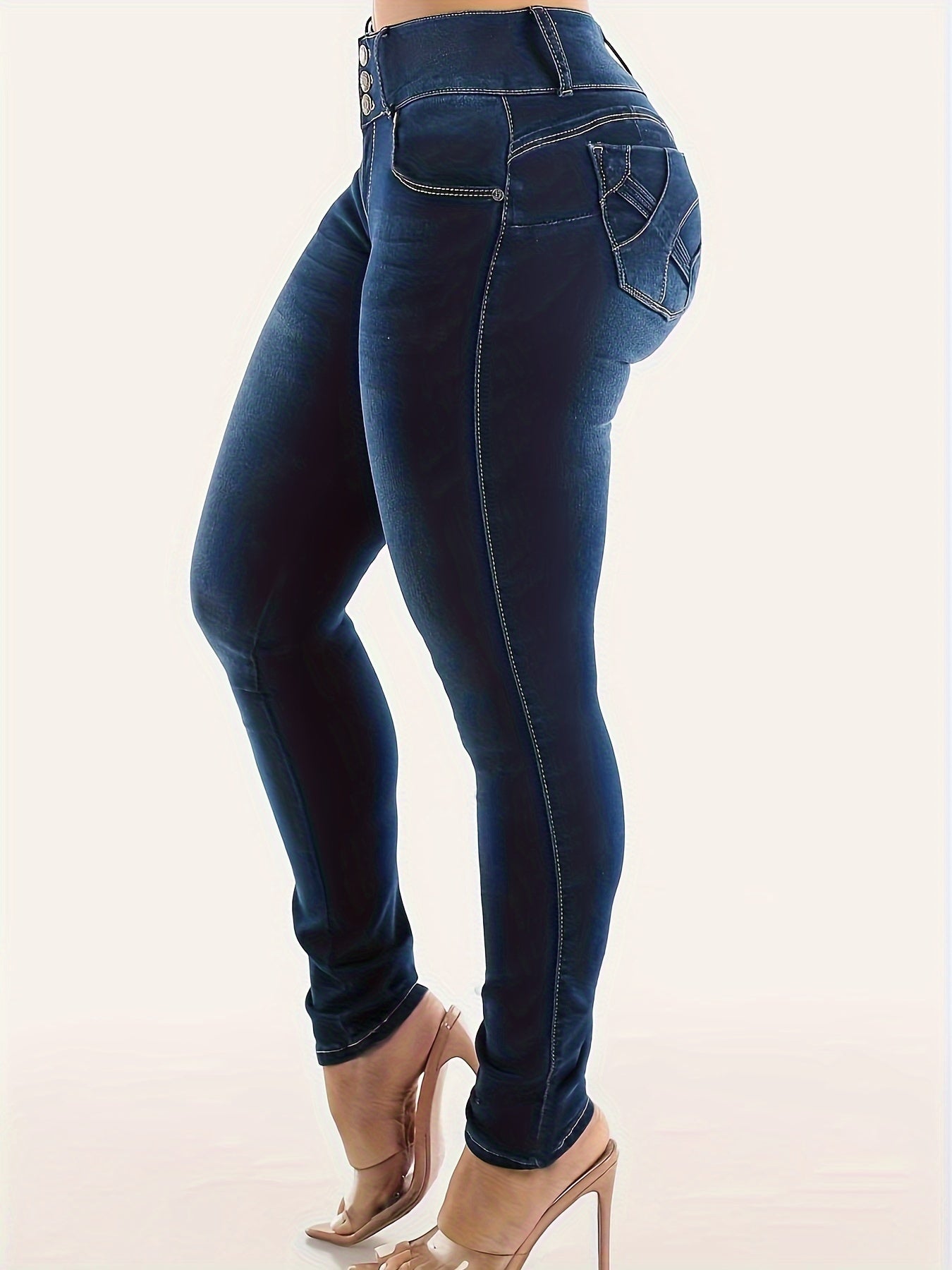 Women's Mid-Waist Stretch Denim Jeans, Geometric Pattern, Long Length, No Belt, All-Season, Tight Fit, Button Detail, Casual Wear