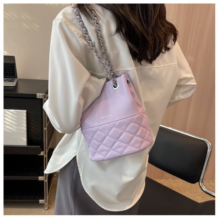 Korean Style Simple Women's Fashion Diamond Texture One-shoulder Bucket Crossbody Bag-Aria Doejay