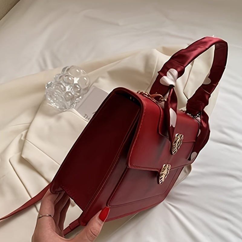 Elegant Red PU Leather Crossbody Bag with Magnetic Closure and Polyester Lining, Chic Solid Color Shoulder Handbag with Edge Paint Detail and Heart-Shaped Accents