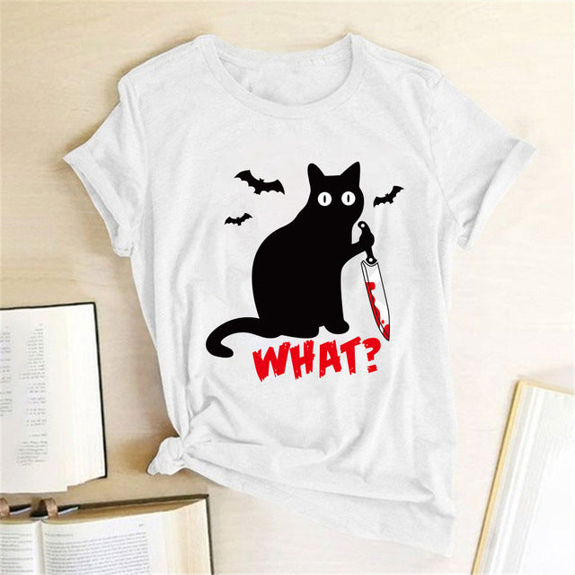 Halloween What Bloody Cat European And American Short-sleeved Female T-shirt