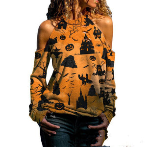 Halloween Off Shoulder Printed Top Womens Casual Loose Stitching Long Sleeved T-Shirt