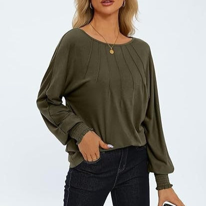 Women's Round Neck Pleated Long Sleeve Top-Aria Doejay