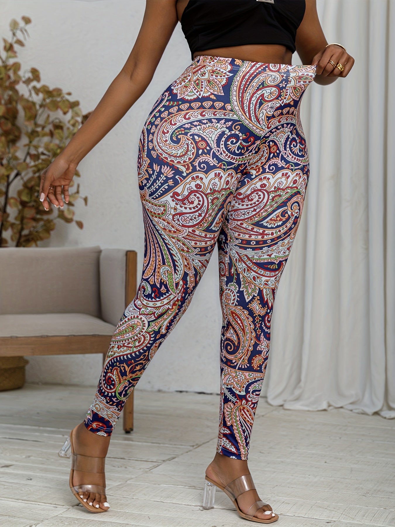 Stylish Plus Size Paisley Print Leggings - High Waist, Comfortable, Casual Leggings for Spring & Summer - Women's Plus Size Clothing for Curvy Figures