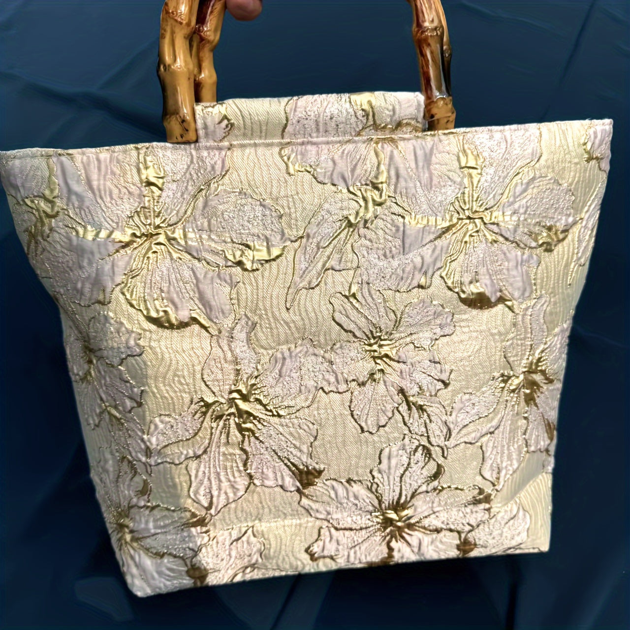 Large Capacity Plastic Bamboo Joint Canvas Bag, With Double-sided Embroidered Hot Golden Three-dimensional Handmade