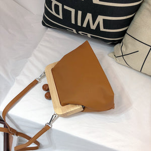 Soft Leather Assembling Wooden Clip Clutch Handbag