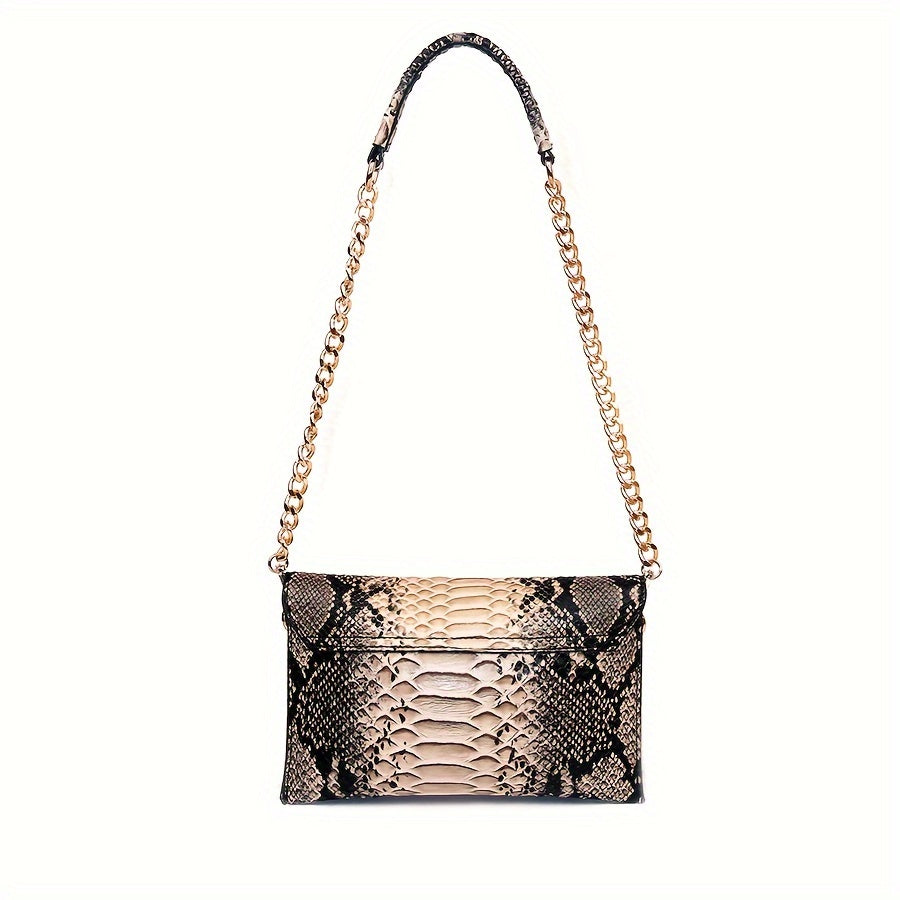 Chic Snakeskin Pattern Chain Crossbody Bag for Women - Sustainable Faux Leather, Luxury Square Shoulder Purse with Kiss Lock Closure