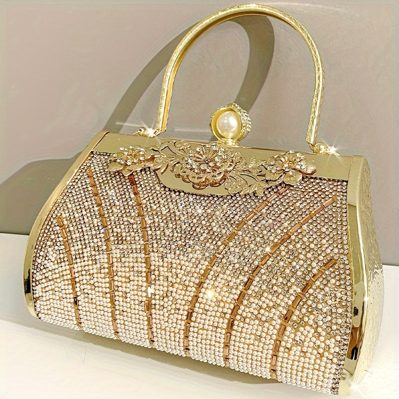 Elegant Rhinestone & Pearl Evening Clutch - Golden, Women's Fashion Handbag for Weddings, Parties, and Festivals