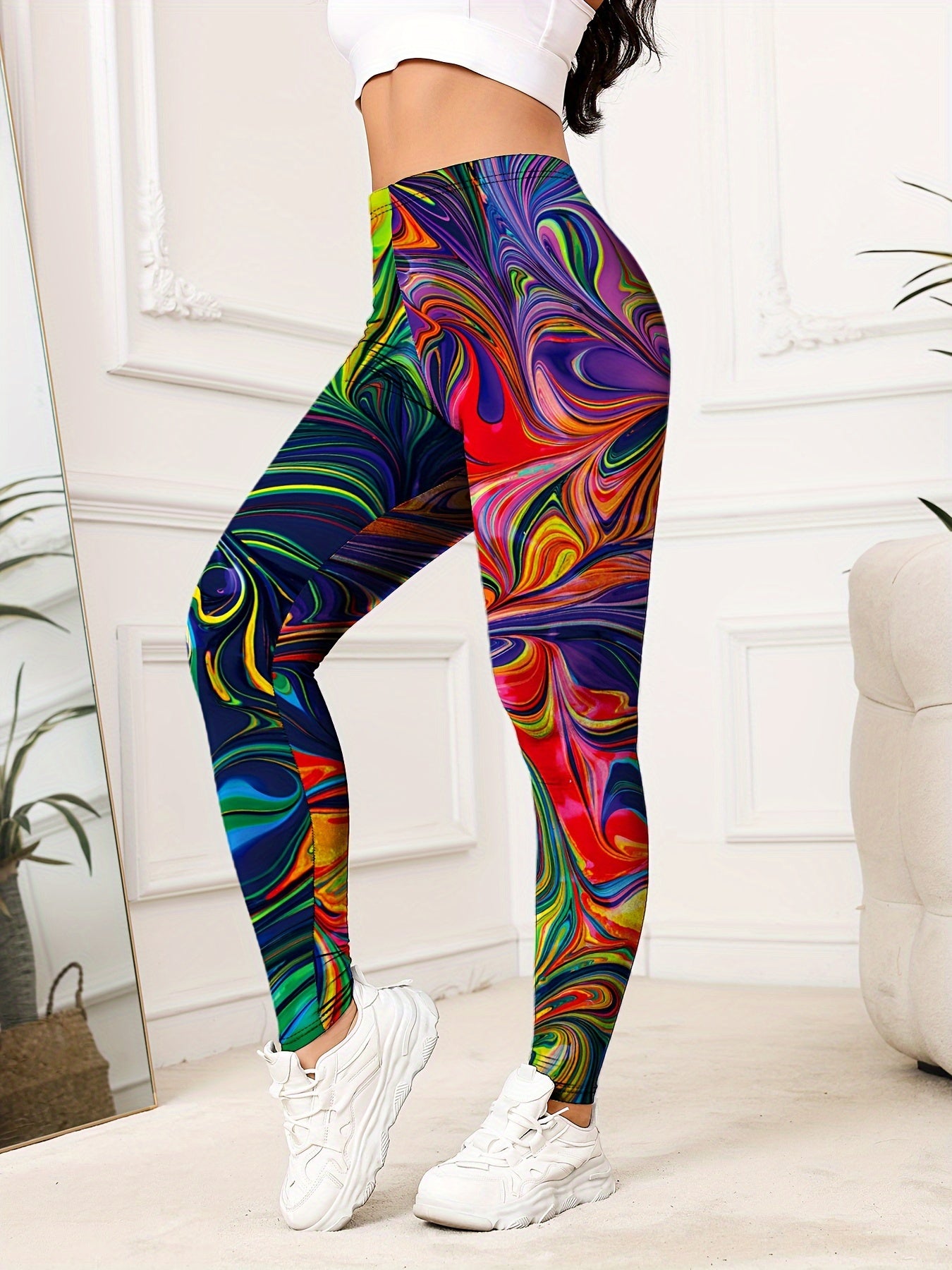 Women's High-Waist Yoga Leggings with Colorful Gradient Swirl Print - Stretchy, Non-See-Through Activewear for Fitness & Training