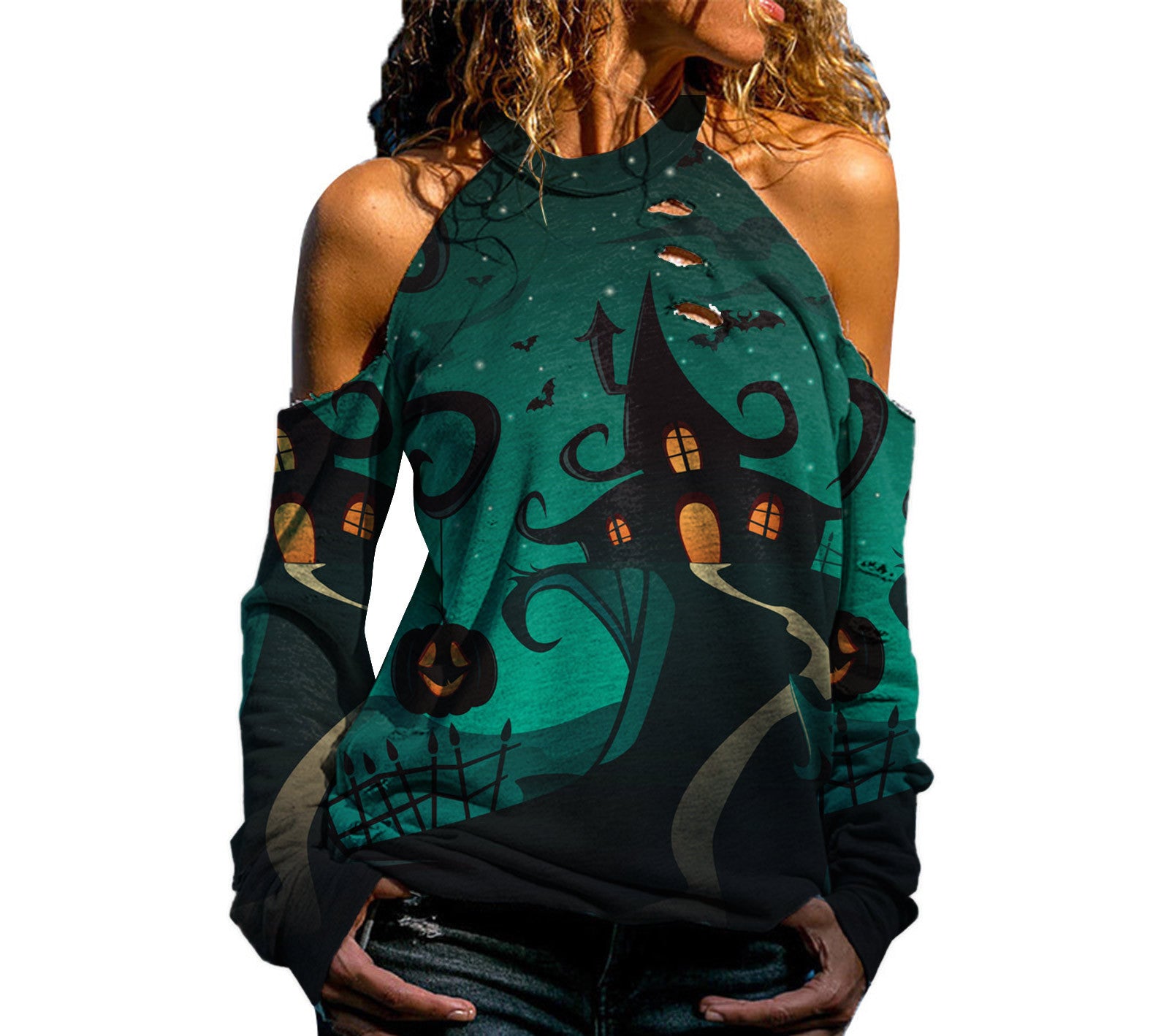 Halloween Off Shoulder Printed Top Womens Casual Loose Stitching Long Sleeved T-Shirt