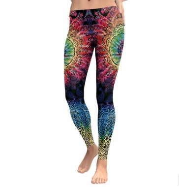 Rainbow Burst Mandala Flower Yoga Workout Leggings-Aria Doejay