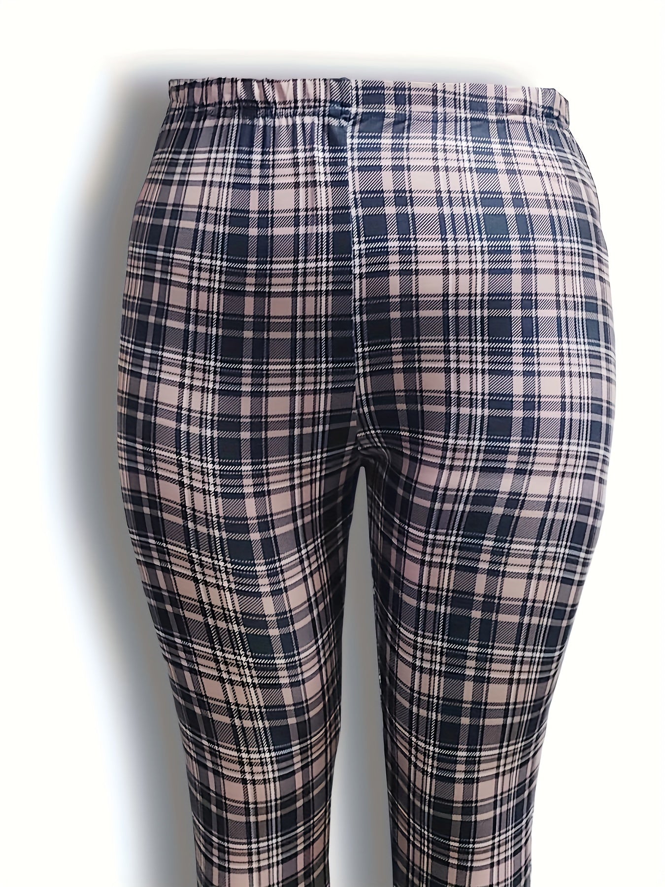 Plus Size Medium Stretch Plaid Print Leggings - High-Rise, Elastic Waistband, Comfortable, Breathable, Soft, and Stylish for Women - Perfect for Casual Wear, Daily Life, and Outdoor Activities