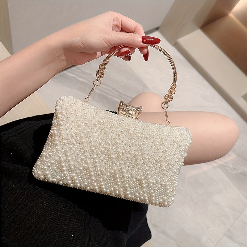 Elegant Pearl Evening Clutch Bag for Women, Polyester Lined Magnetic Closure Handbag with Clutch Accessory for Weddings, Banquets, Formal Events