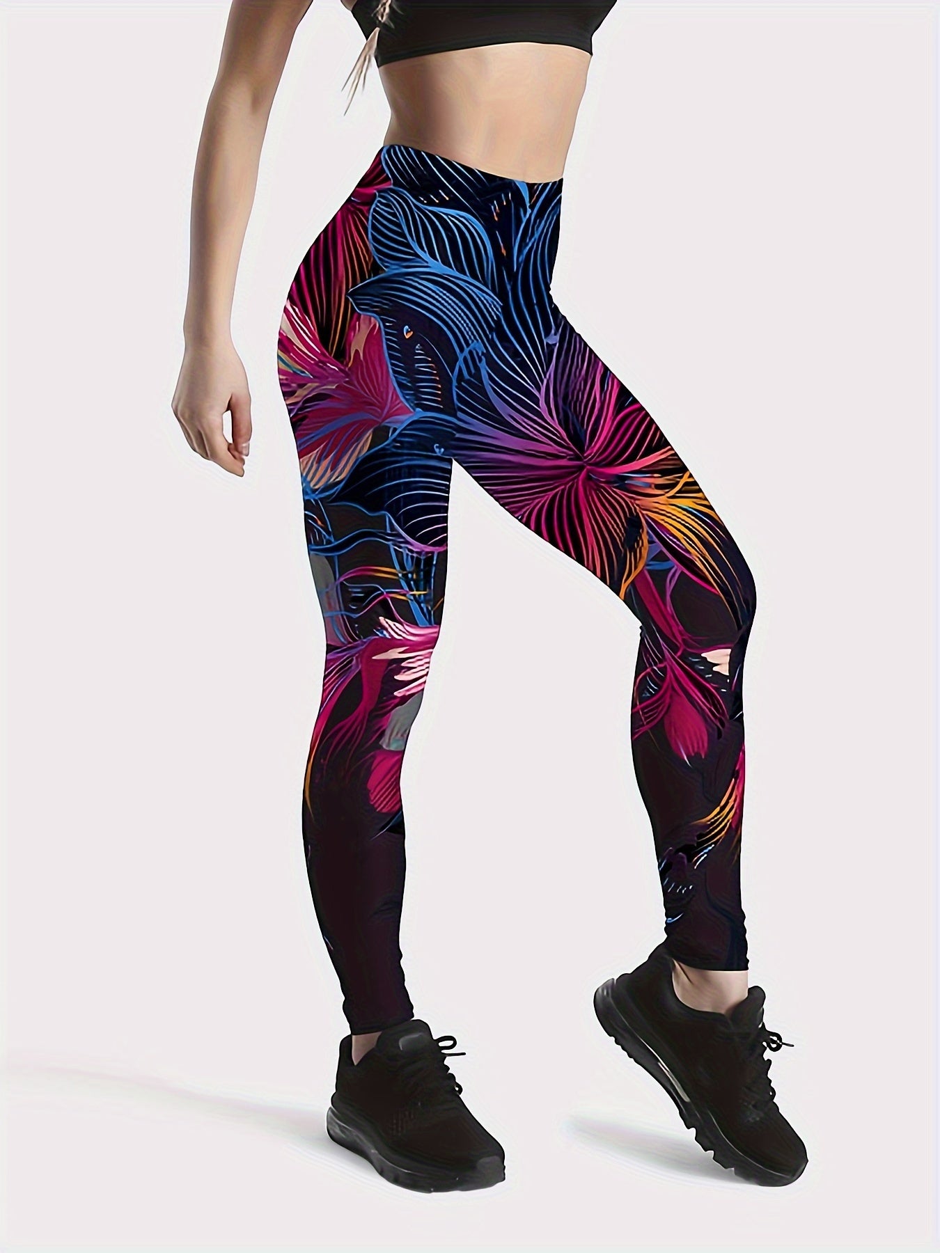 Flower Print Mid-waisted Yoga Pants, Fashion Color Block Fitness Workout Sports Leggings, Women's Activewear