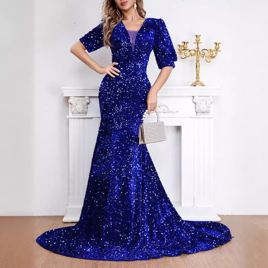 Sexy Middle Sleeve Trailing Sequin Dress Banquet Evening Dress-Aria Doejay