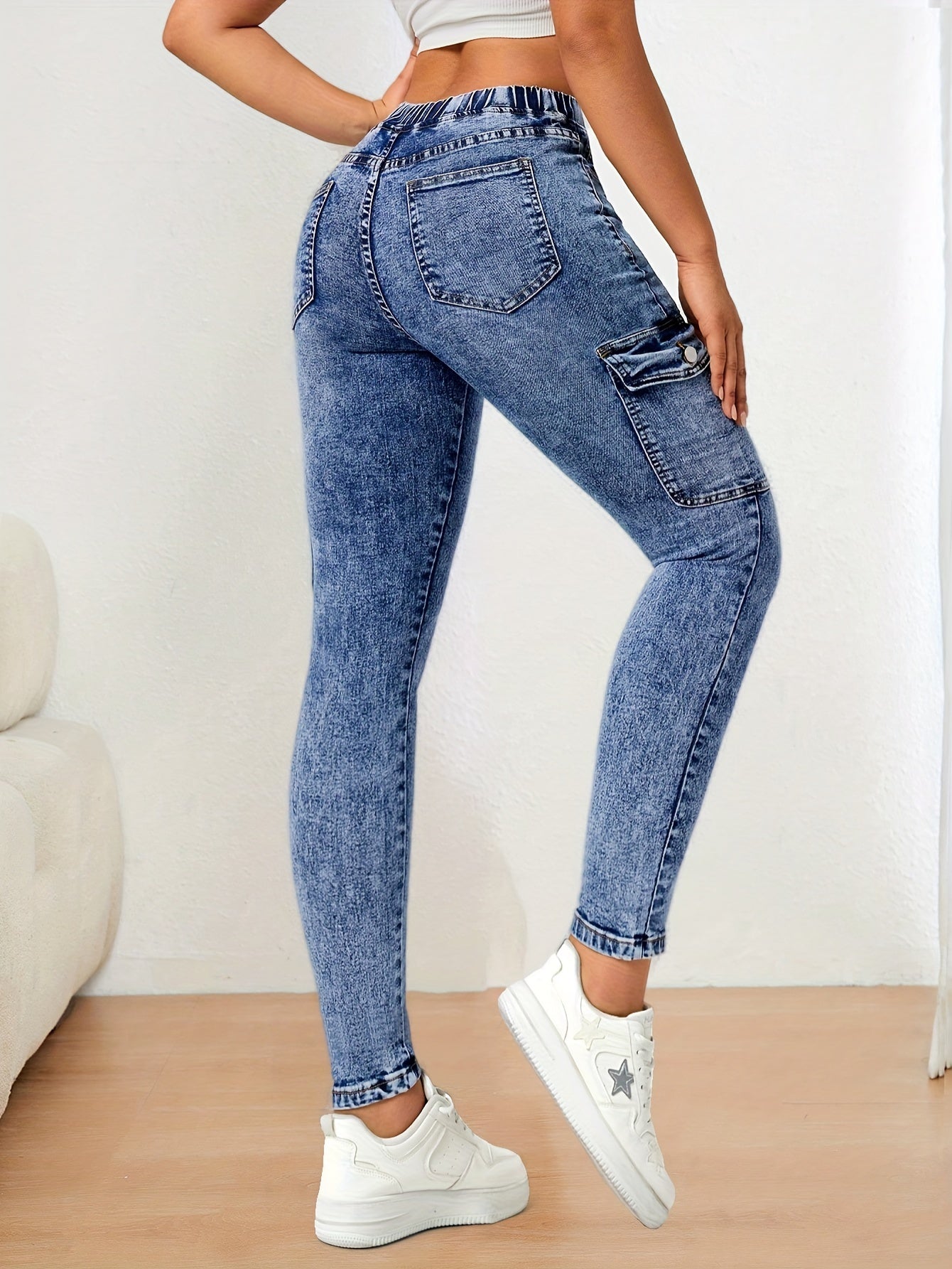 Women's High Stretch Skinny Jeans with Drawstring Waist and Pockets, Cotton Blend Denim, Solid Color Street Style for All Season - Long Length Casual Weekend Pants