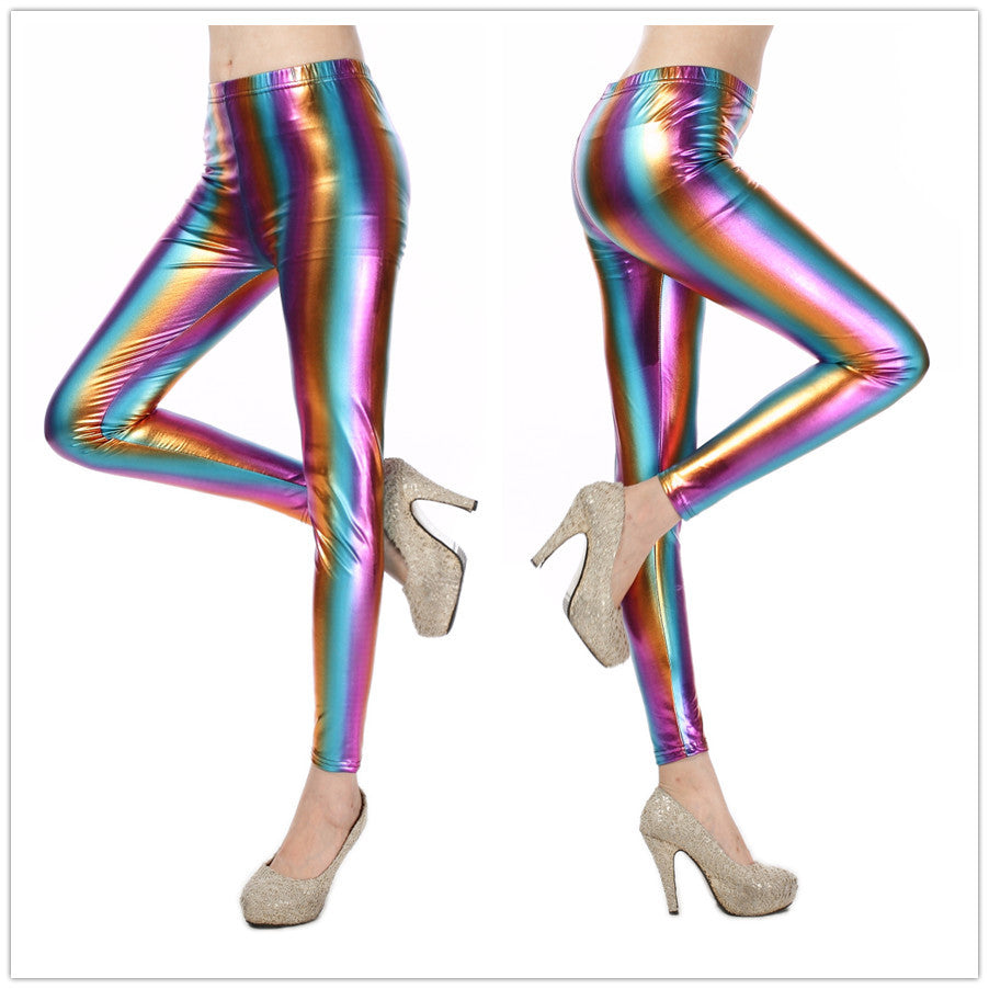 Women's Metal Gradient Faux Leather Leggings Laser