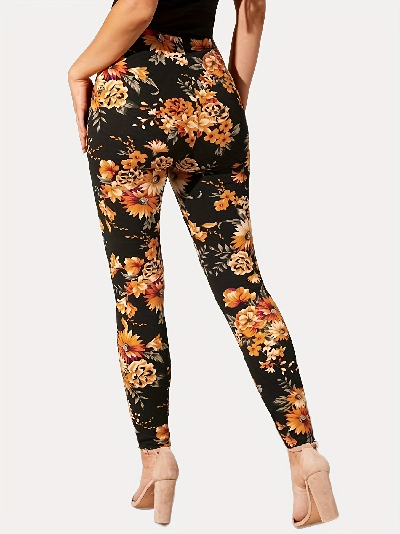 Casual Every Day Stretchy Floral Print Skinny Leggings, Women's Clothing