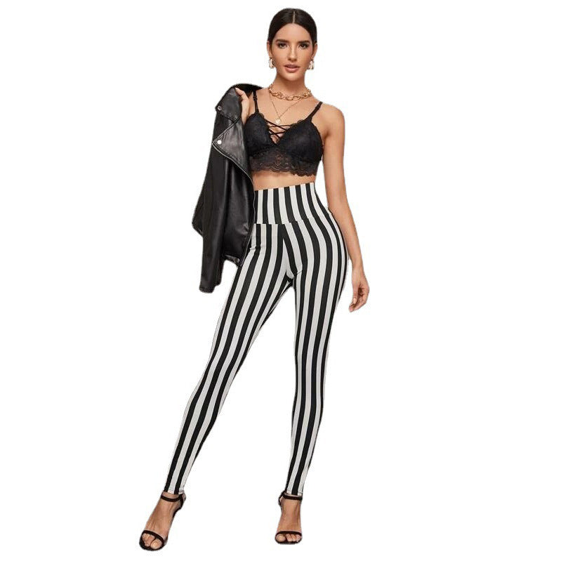 Vertical Stripes High Waist Leggings Cropped Skinny Pants-Aria Doejay